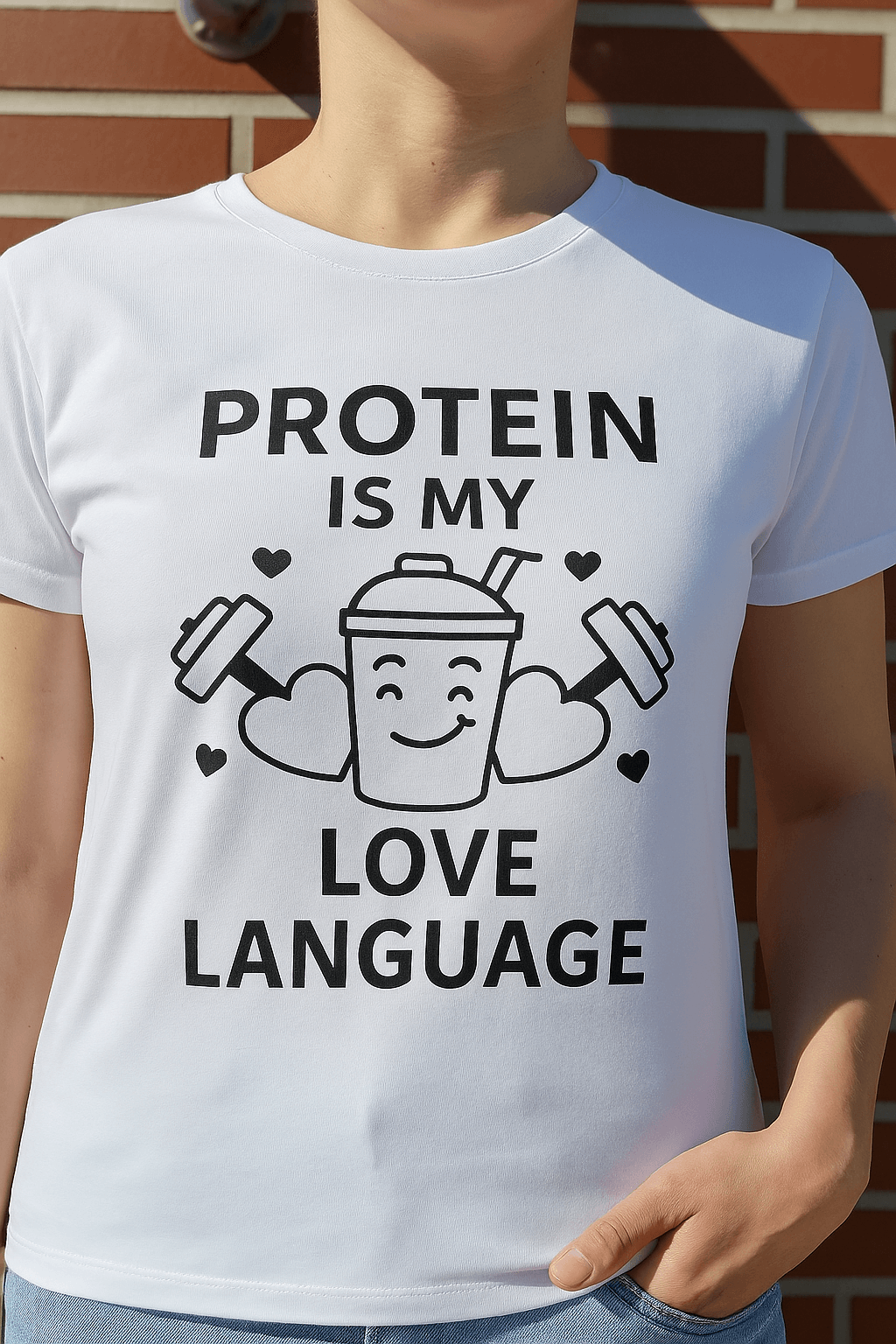 Weißes Fitness-T-Shirt mit Hanteln und Aufdruck "Protein ist meine Love Language" – ideal für Fitness-Fans