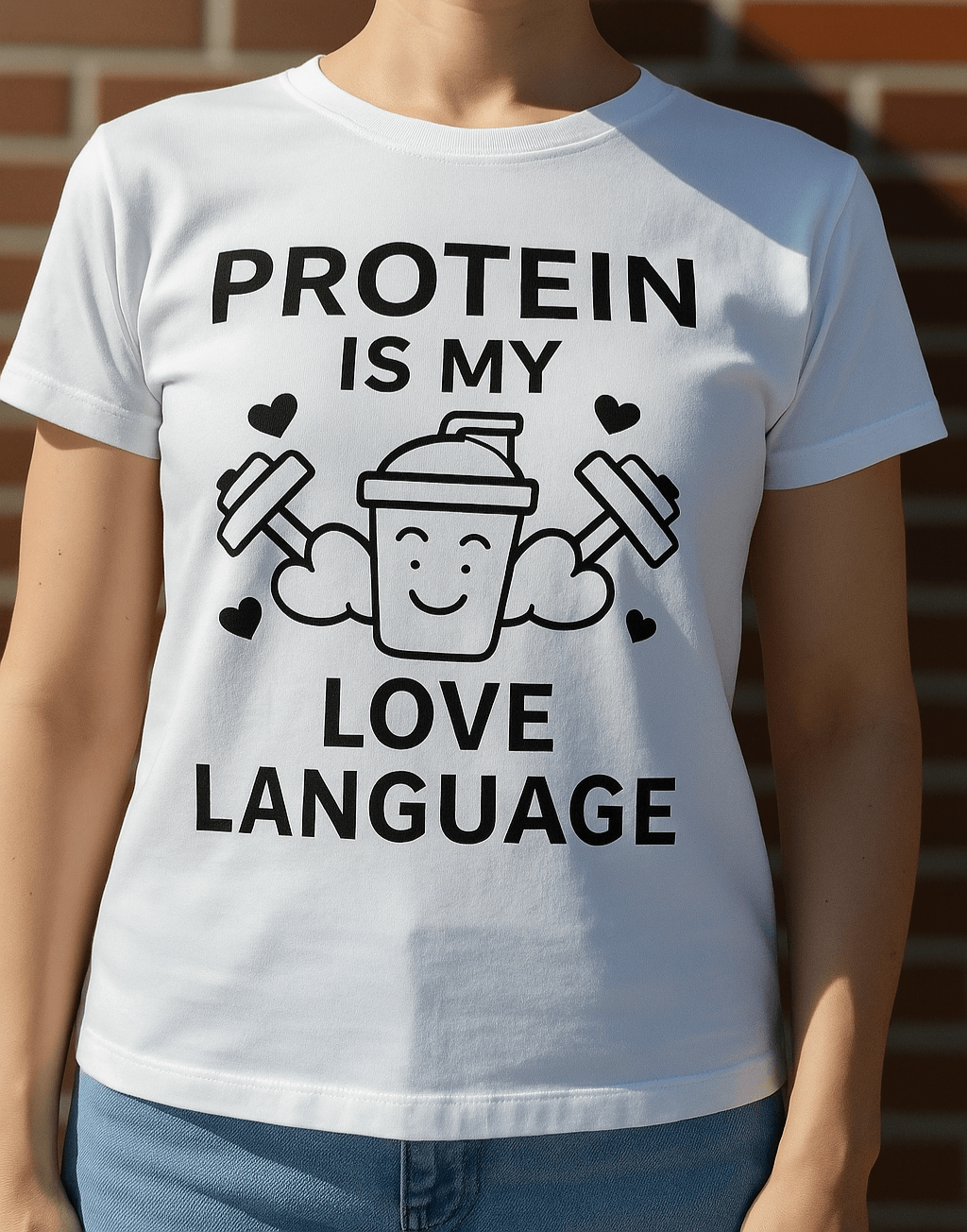 White fitness t-shirt with dumbbells and text "Protein is my love language" – perfect for gym lovers