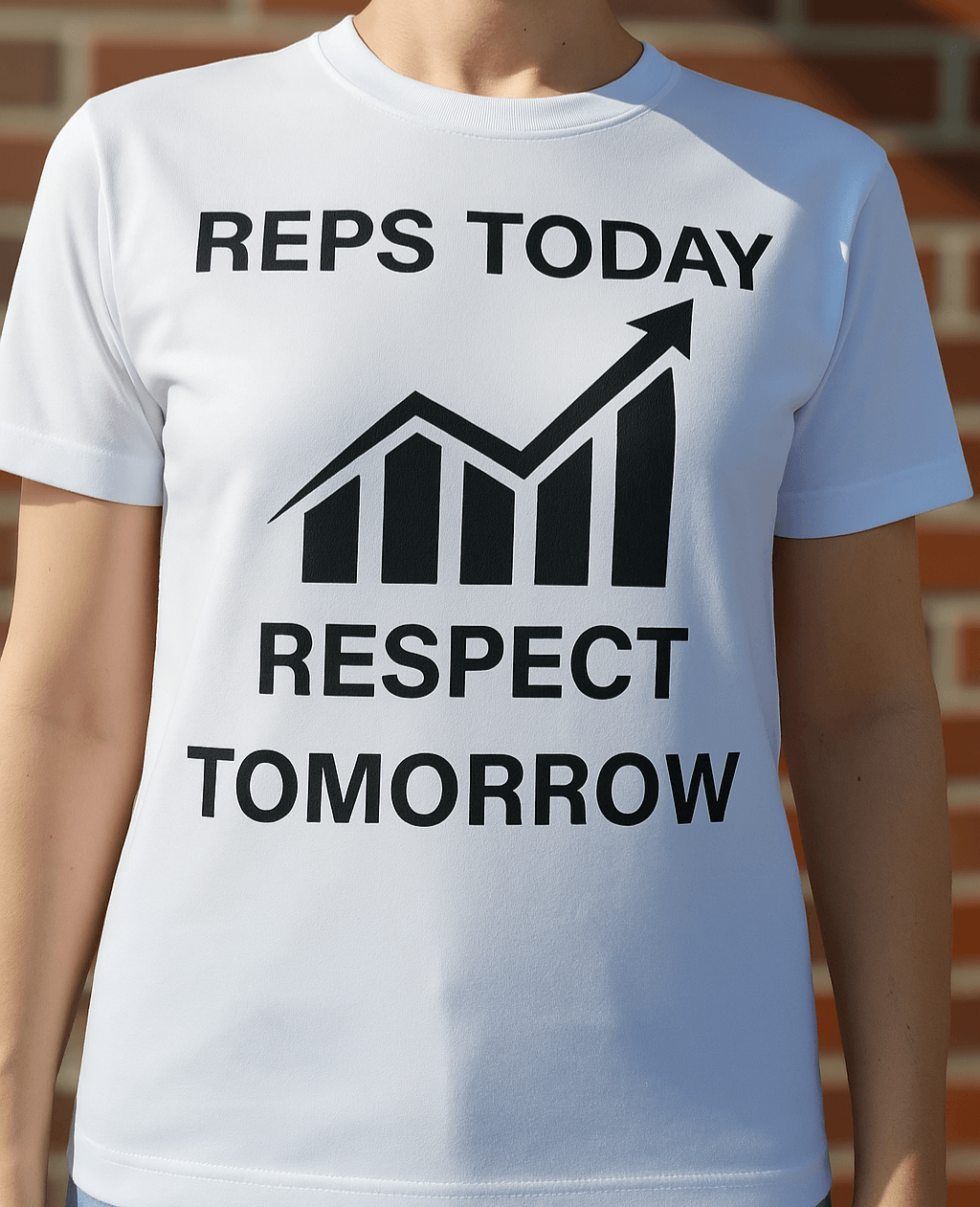 Weißes T-Shirt mit Fitness-Spruch "REPS TODAY – RESPECT TOMORROW." und Balkendiagramm – motivierendes Sport-Design