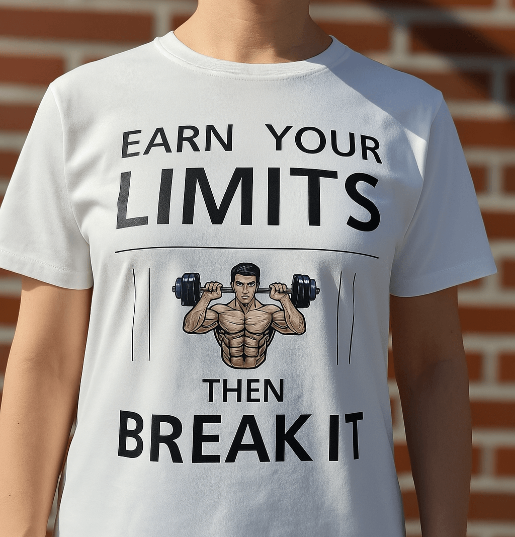 Weißes T-Shirt mit Fitness-Spruch "Earn your limits – then break it" und Hantel-Motiv – ideal für Sportbegeisterte
