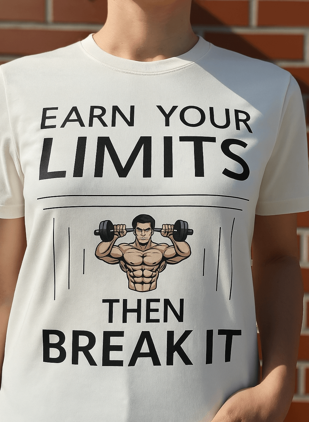 White t-shirt with gym quote "Earn your limits – then break it" and dumbbell graphic – perfect for fitness lovers