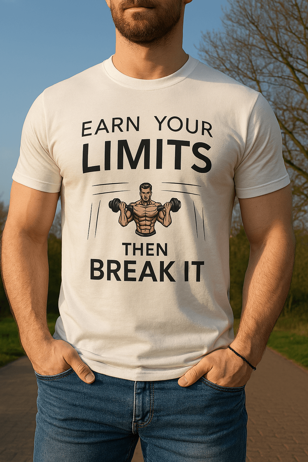 Weißes T-Shirt mit Fitness-Spruch "Earn your limits – then break it" und Hantel-Motiv – ideal für
