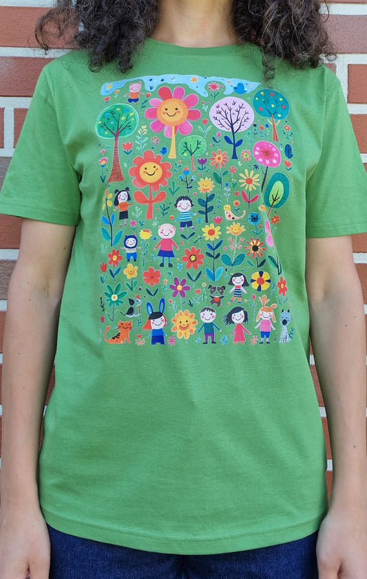 Unisex T-Shirt – Kinder & Blumen Cartoon – 100% Baumwolle