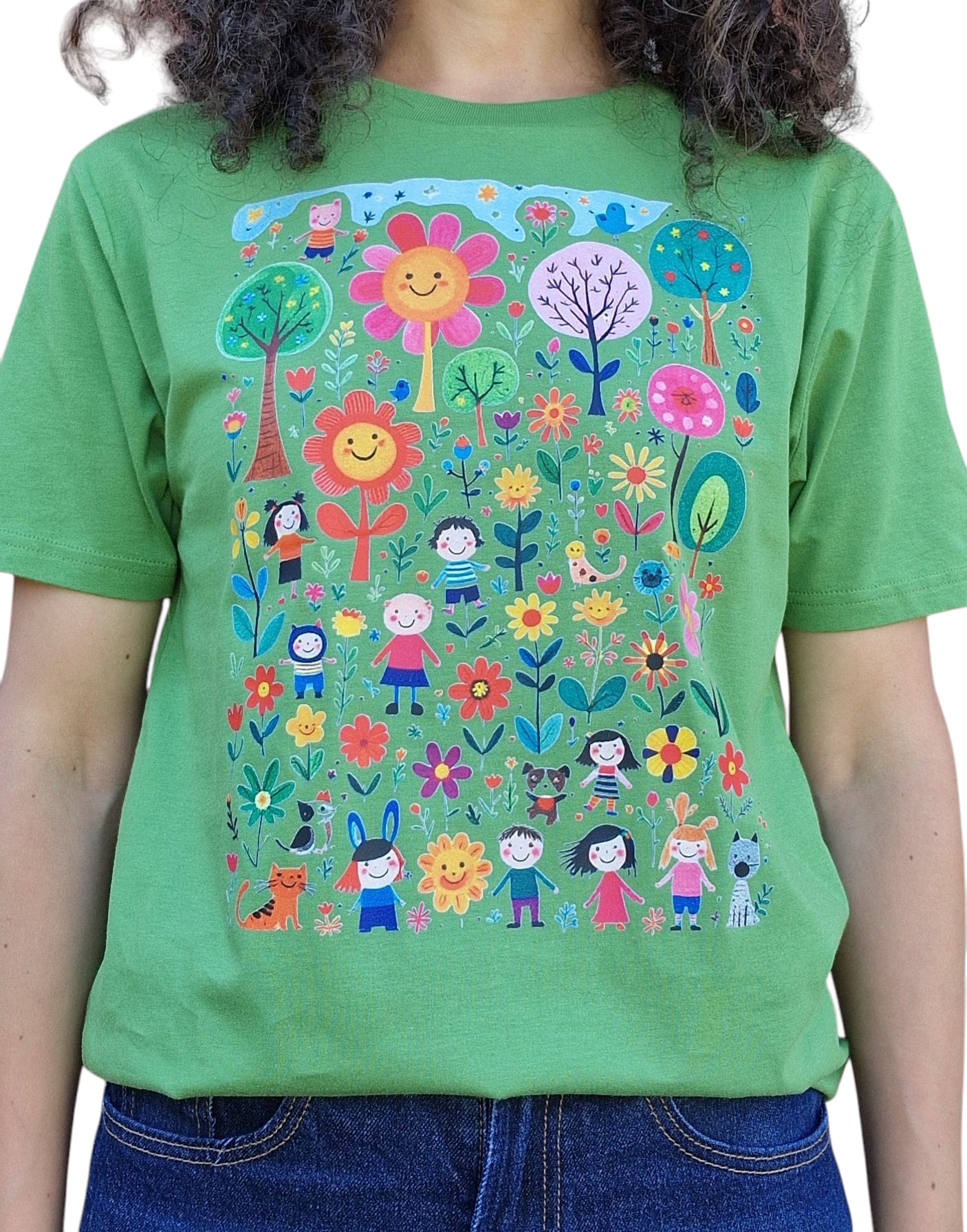 Unisex T-Shirt – Kinder & Blumen Cartoon – 100% Baumwolle