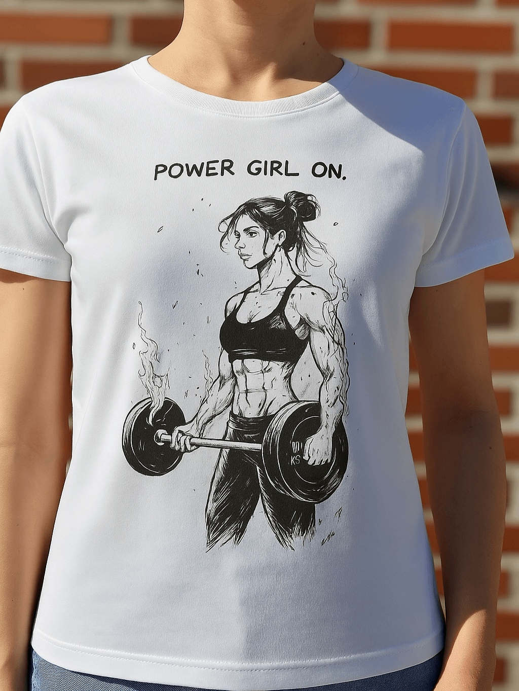 Weißes T-Shirt mit starker Frauenfigur mit Hanteln und dem Spruch "Power Girl On." – motivierendes Fitness-Design für Frauen