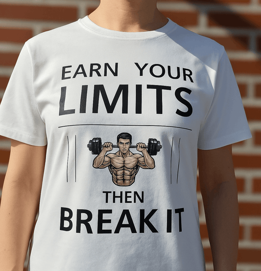 Weißes T-Shirt mit Fitness-Spruch "Earn your limits – then break it" und Hantel-Motiv – ideal für Sportbegeisterte