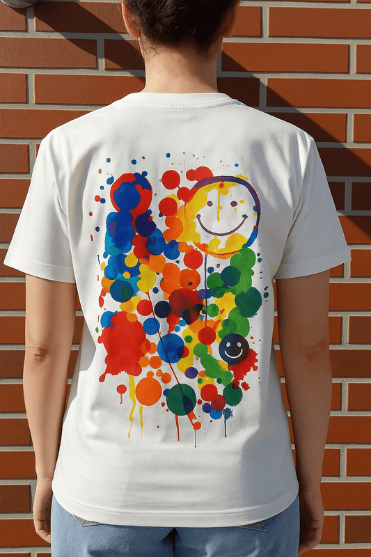 Weißes T-Shirt mit buntem Print – Text "Farbenfroh. Fröhlich. Frei." auf dem Rücken, kreatives Design für Individualisten
