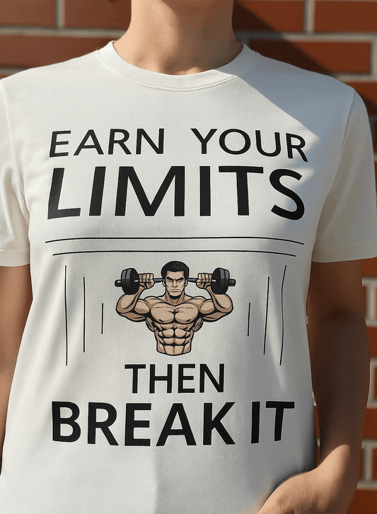 White t-shirt with gym quote "Earn your limits – then break it" and dumbbell graphic – perfect for fitness lovers