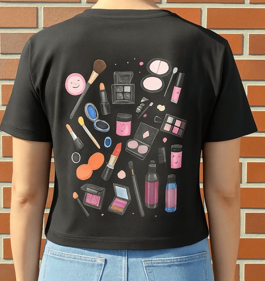 Black t-shirt with colorful makeup tools print – perfect for beauty lovers and makeup artists