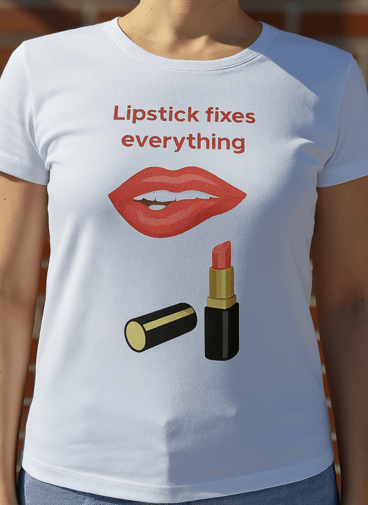 Damen T-Shirt mit rotem Lippenstift und Aufdruck "Make-up ist deine Leidenschaft?" – ideales Geschenk für Beauty-Fans