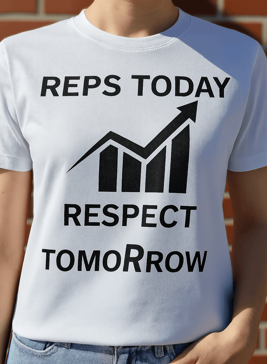 White t-shirt with gym quote "REPS TODAY – RESPECT TOMORROW." and bar chart graphic – motivational fitness design